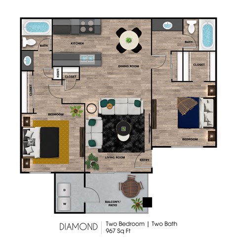 A floor plan of a two bedroom, two bath apartment.